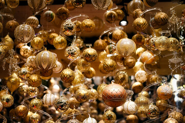 Gold Christmas ornaments and decoration holiday season background