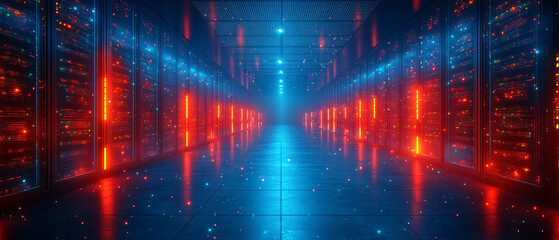 Obraz premium Futuristic Server Room with Red and Blue Lights