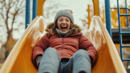 An adult sliding down a playground slide, laughing all the way down. Concept of rediscovering playground fun and unfiltered joy.