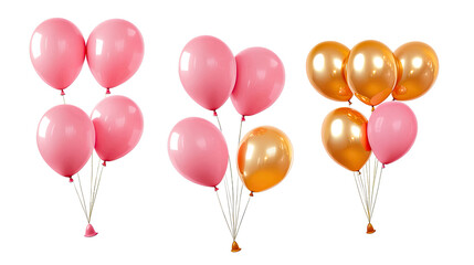 Realistic Pink and Gold Balloon Bouquets on a Transparent Background Generative AI
