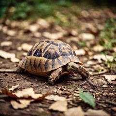 Fototapeta premium An ultra-realistic full shot photo of a land turtle walking slowly across a forest floor, with deep focus capturing the texture of its shell, the roughness of the ground, and the surrounding foliage.