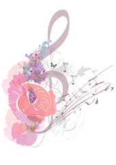 Abstract nature treble clef decorated with summer and spring flowers, notes, birds. Light and relax music. Hand drawn vector illustration.