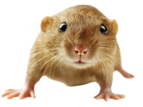 Close-up of an adorable gerbil with bright eyes and soft fur, looking directly at the camera.