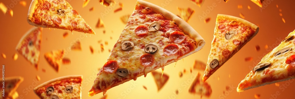 Poster slices of pizza fly through the air against a vibrant orange background, leaving ample space for cre