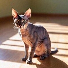 Sphynx cat in the sunlight, sharp focus on its reflective fur and green eyes, while the rest of the room and its shadowy surroundings blur out of focus