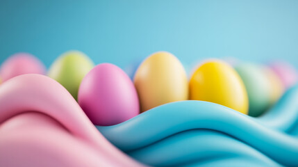 Obraz premium Abstract wave of colorful eggs and floral elements flowing across a soft pastel backdrop, blending nature and geometry Easter fluidity in art form 