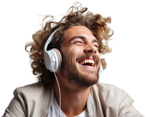 A man with curly hair is wearing headphones and smiling