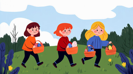 Children running through a park with baskets, eagerly searching for hidden Easter eggs under the trees everyday Easter egg hunt joy 