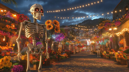 Fototapeta premium A 3D Photo of featuring giant traditional skeleton sculptures, celebrating the spirit of Día de los Muertos