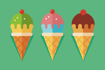  vector of 3 different ice cream flavors in cones