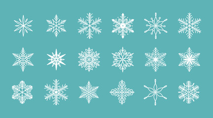 Unique snowflakes set, detailed hand drawn flat vector line illustration. Graphic outline drawing. Christmas and New Year symbol. Beautiful snowflake silhouette icon for frosty winter designs.