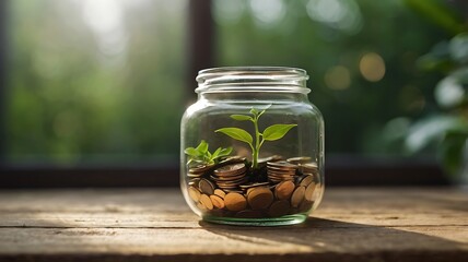 Money saving plant growing from coin filled jar.
