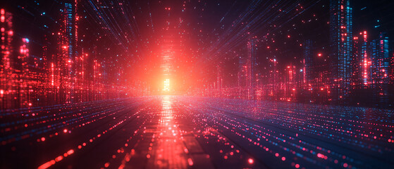 Obraz premium Abstract Digital Cityscape with Red and Blue Lights and Glowing Lines