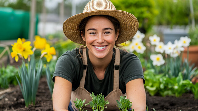Smiling woman in a straw hat kneeling in a garden bed, planting young seedlings with blooming daffodils in the background early spring gardening joy 