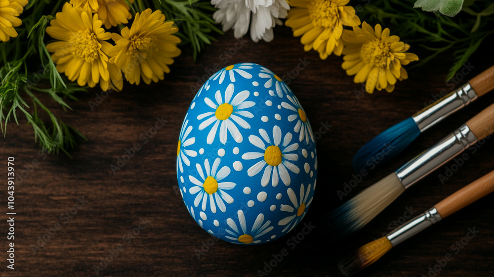 Wall mural Top view of intricately painted Easter eggs arranged on a rustic wooden table with paintbrushes and bright spring flowers Easter crafting joy 