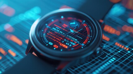 A futuristic smartwatch displays a digital interface with vibrant colors, set against a high-tech background, suggesting advanced technology.