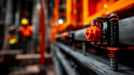 Close-up of a metal rail system with orange components in a factory setting.