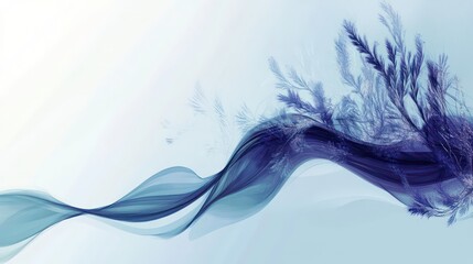 Fototapeta premium Abstract blue wave with white background and blurred feathery elements on the right.