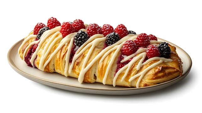Delicious mixed berry danish with creamy drizzle on plate
