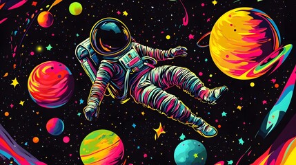 Fototapeta premium An astronaut floating in space, surrounded by colorful planets and galaxies, illustrated with flat design elements.