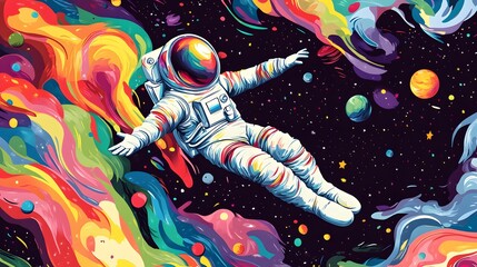 An astronaut floating in space, surrounded by colorful planets and galaxies, illustrated with flat design elements.