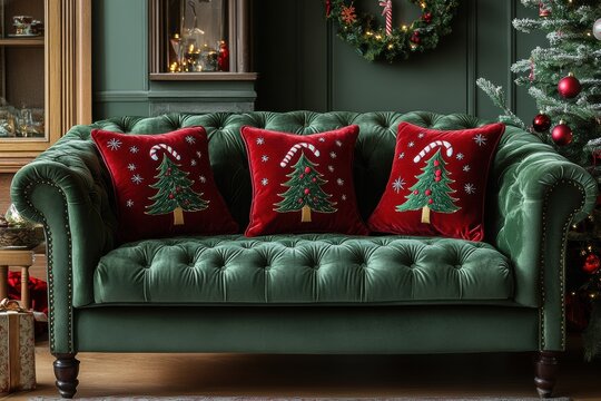 Elegant green velvet sofa adorned with festive Christmas tree and candy cane embroidered pillows in a cozy, warmly decorated living room