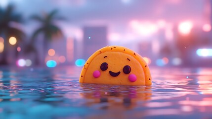 Happy Smiley Face Floating on Water with a City Lights Background.