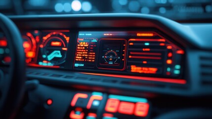 A futuristic dashboard with vibrant red and blue digital displays, showcasing speed, navigation, and various car functions.