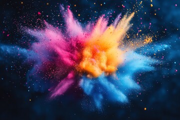 Colorful explosion of vibrant powder in swirling clouds during a celebration or festival