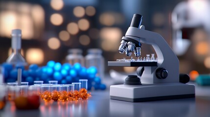 A microscope on a table in a lab with glass beakers and test tubes.