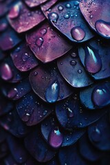 Obraz premium Shimmering water droplets on iridescent scales at twilight revealing vibrant colors