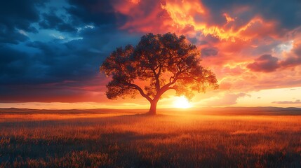 Obraz premium Silhouetted Tree Against Dramatic Sunset Sky.