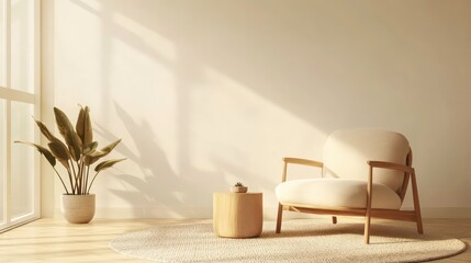 A white armchair with wooden legs sits on a round rug in a minimalistic living room with a potted plant and a wooden side table, illuminated by warm sunlight streaming through a large window.