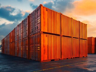 A large stack of orange shipping containers sitting on top of a parking lot