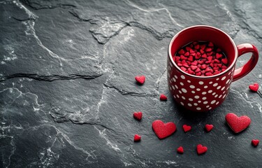 A red polka dot cup spills heart shapes on a dark textured surface in a creative display of love