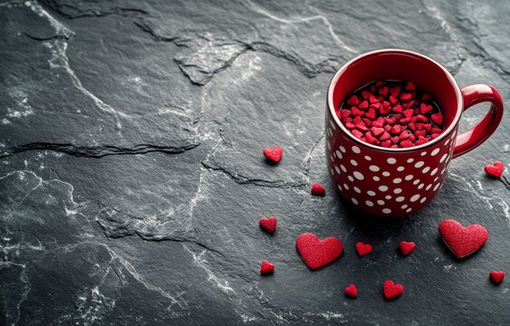 A red polka dot cup spills heart shapes on a dark textured surface in a creative display of love