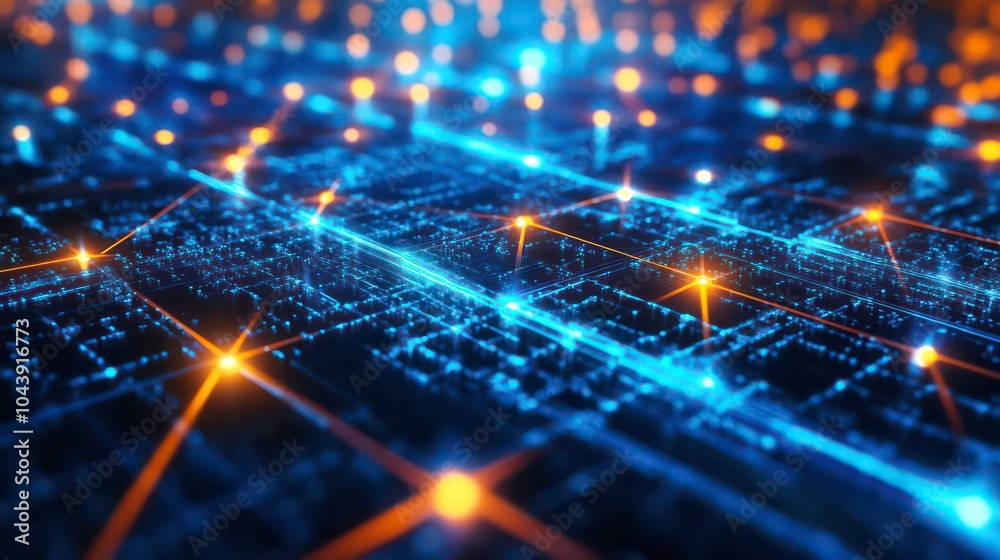 Poster Abstract digital network with glowing lines and points.