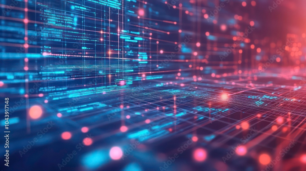 Poster Abstract digital network background with glowing lines and dots in red and blue colors.