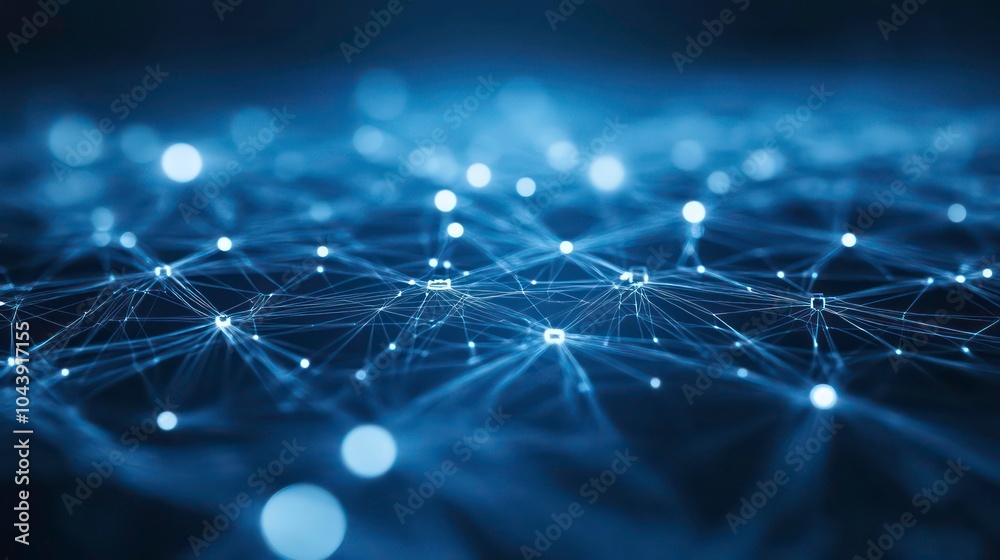 Poster abstract blue network with glowing nodes.