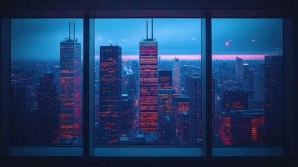 City skyline viewed through large windows at twilight.