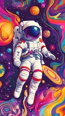 An astronaut floating in space, surrounded by colorful planets and galaxies, illustrated with flat design elements.