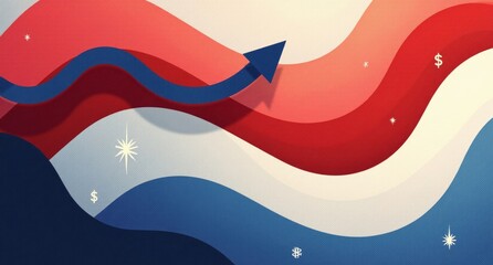 Social justice in red, white, and blue with geometric forms, dollar signs, and rising arrows, symbolizing economic fairness. Texture overlays add spatial depth and complexity.