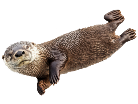 Playful river otter floating with curiosity in its eyes, showcasing its smooth fur coat.