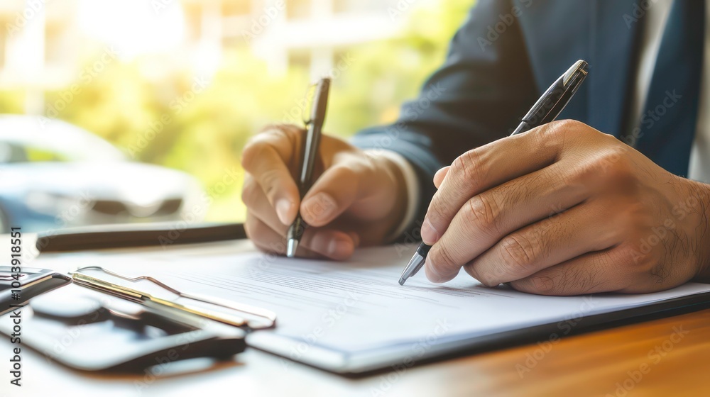 Aufkleber Close-up of businessman signing a document with two pens, sitting at a table with a clipboard and car keys.