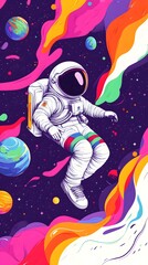 Fototapeta premium An astronaut floating in space, surrounded by colorful planets and galaxies, illustrated with flat design elements.