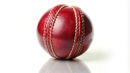 Red cricket leather ball isolated on white background reflected