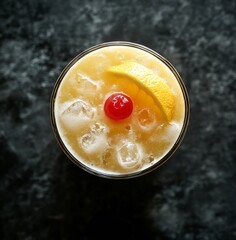 Refreshing cocktail served in a glass with ice and garnished with a cherry and lemon slice