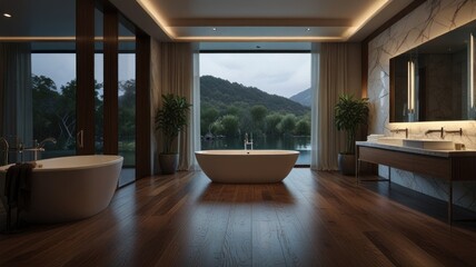 Obraz premium Modern bathroom with freestanding bathtub and large windows overlooking a lake and mountains.