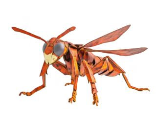 Close-up of a detailed 3D-rendered red wasp on a white background, showcasing intricate wings and vivid color.