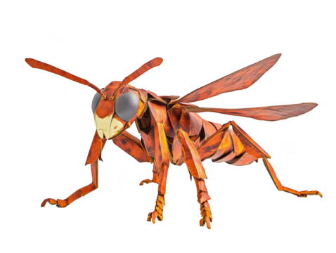 Close-up of a detailed 3D-rendered red wasp on a white background, showcasing intricate wings and vivid color.